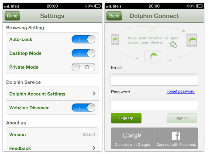 Браузер Dolphin для iOS - Настройки синхронизации и режимов отображения (Settings)